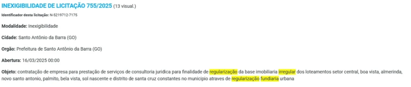 Inexigibilidade de Licitação 755/2025 — Prefeitura de Santo Antônio da Barra (GO)