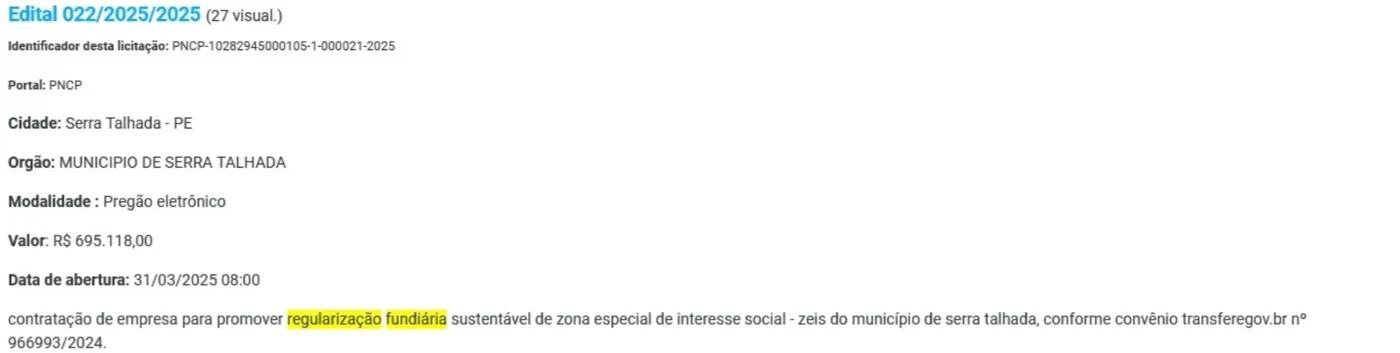 Edital 022/2025 — Município de Serra Talhada (PE), R$ 695.118,00 para regularização fundiária